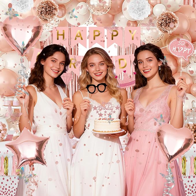 Birthday Decorations for Women or Girl,Rose Gold Balloons Birthday Decorations for Girl Kit Disposable Dinnerware Set with 25 Guest,Banner Balloon,Tiara,Sash,Pump,Photo Props and Butterfly Decorations