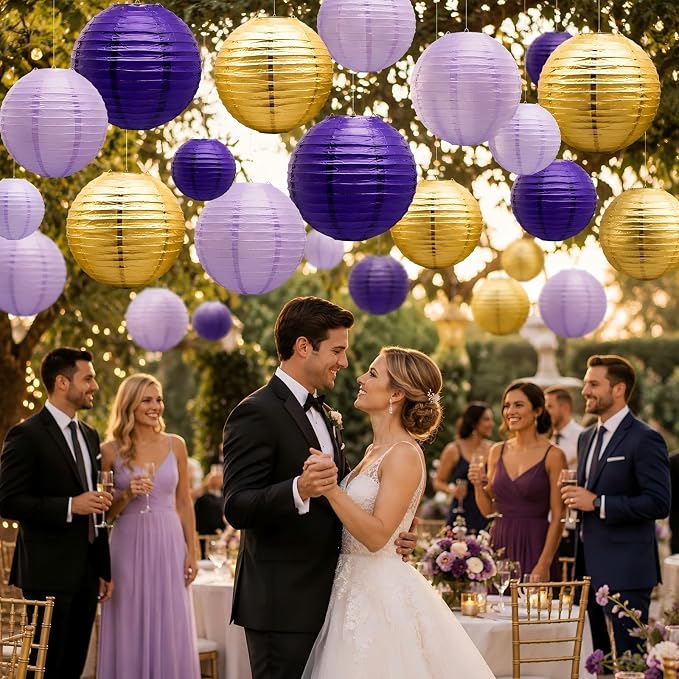 Paper Lanterns Decorative, Round Hanging Lanterns Party Supplies for Graduation Bachelorette Gender Neutral Baby Shower Birthday Party Decorations Purple/Lavender/Gold 21pcs