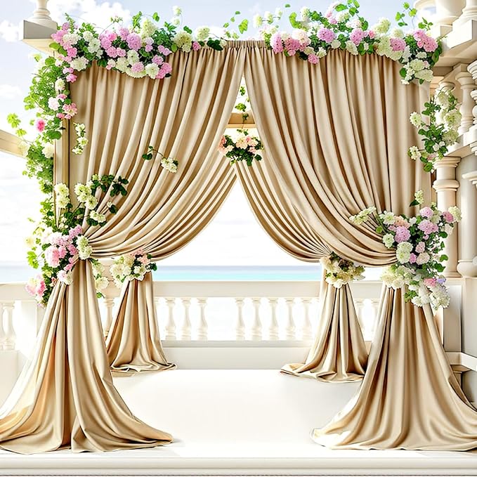 30ft x 8ft Wrinkle Free Beige Backdrop Curtains for Parties Weddings, 6 Panels 5×8ft Soft Silk Polyester Photo Backdrop Drapes for Birthday Baby Shower Baptism Photo Photography Background Cloth