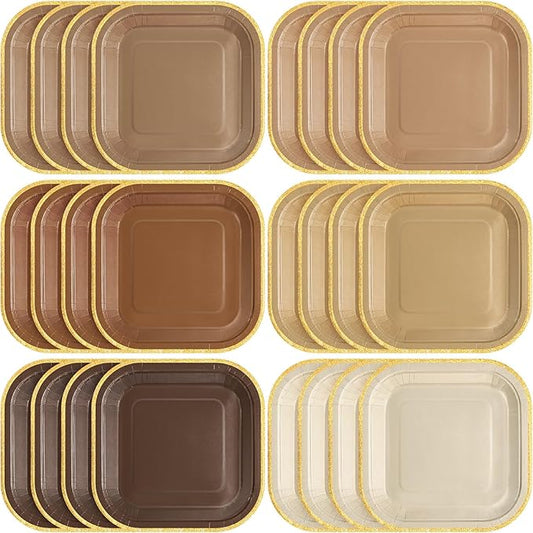 60 Pcs Brown Paper Plates 7 Inch Gradient Disposable Square Dessert Party Plates with Gold Edge for Birthday Wedding Bridal Baby Shower Party Supplies, 6 Colors