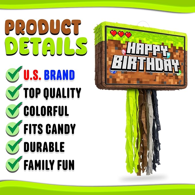 Jergrim Mining Pixel Pinata 4 Piece Set, Perfect For Happy Birthday Decorations, 16"x11" Piñata Level Up, Gaming & Video Game Celebrations For Boys, Fits Party Favors & Candy