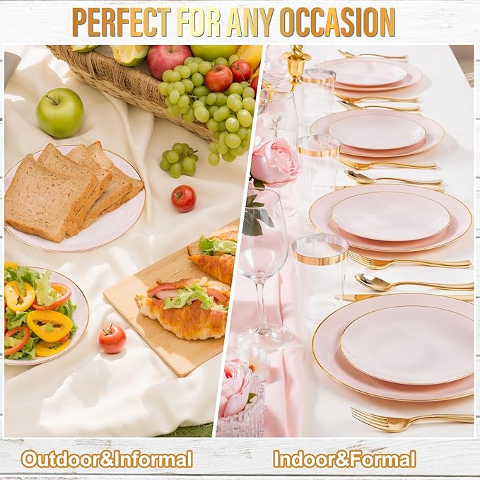 Nervure 100Pieces Pink and Gold Plastic Plates - 7.5inch Disposable Pink Salad/Dessert Plates - Heavy Duty Plastic Plate Ideal for Wedding & Party & Mother's Day