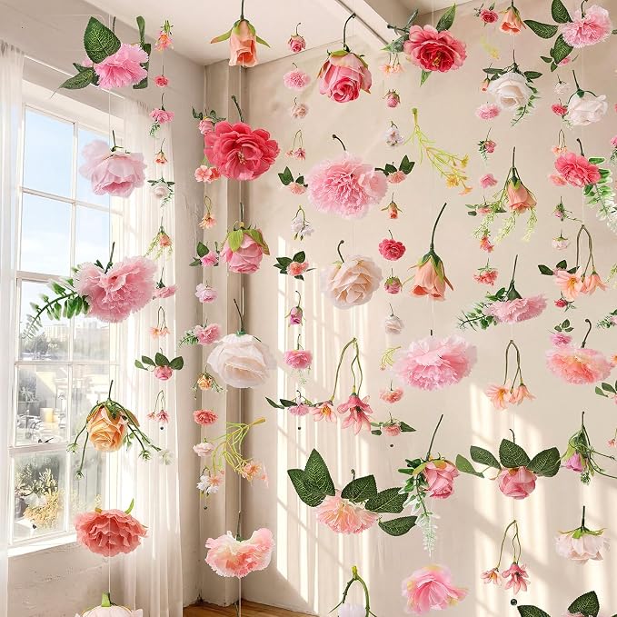 Suncalla 12 Pcs 70.8 ft Wildflower Garland Pre Strung Artificial Hanging Flower Vine Backdrop Decor from Ceiling Floating Silk Floral Garland for Garden Wedding Bridal Shower(Bright,Pink)