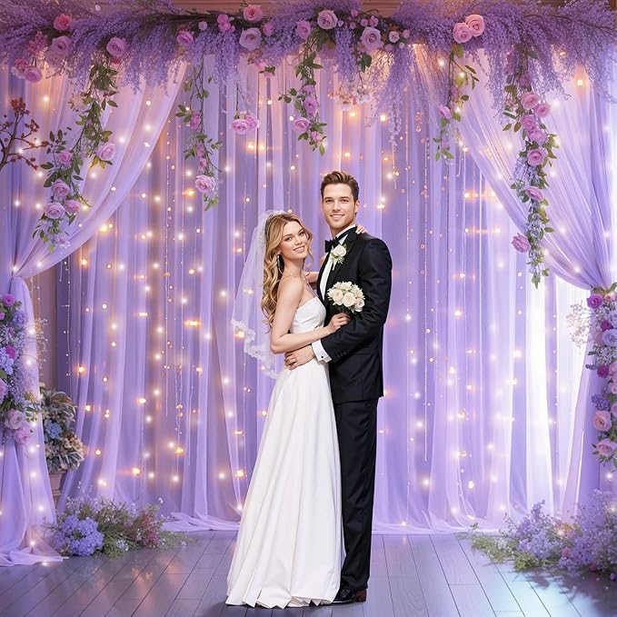 20ft x 10ft Lavender Chiffon Backdrop Curtain with Lights String for Parties,4 Panels Sheer Tulle Curtain Wedding Backdrop for Baby Shower Birthday Party Ceremony Reception Home Decorations