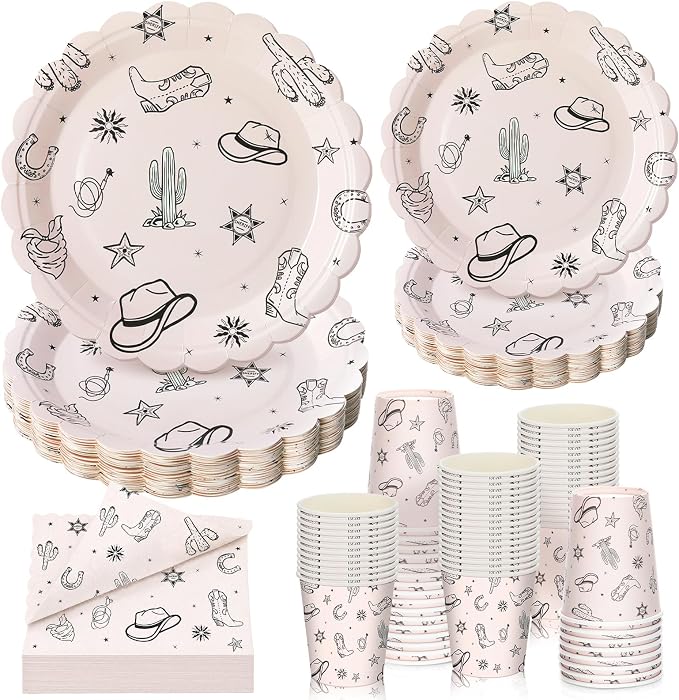 Domensi 250 Pcs Western Cowboy Party Decorations Cowboy Paper Plates Napkins and Cups Serve 50 Wild West Disposable Tableware Set for Rodeo Birthday Baby Shower Party Supplies Decoration