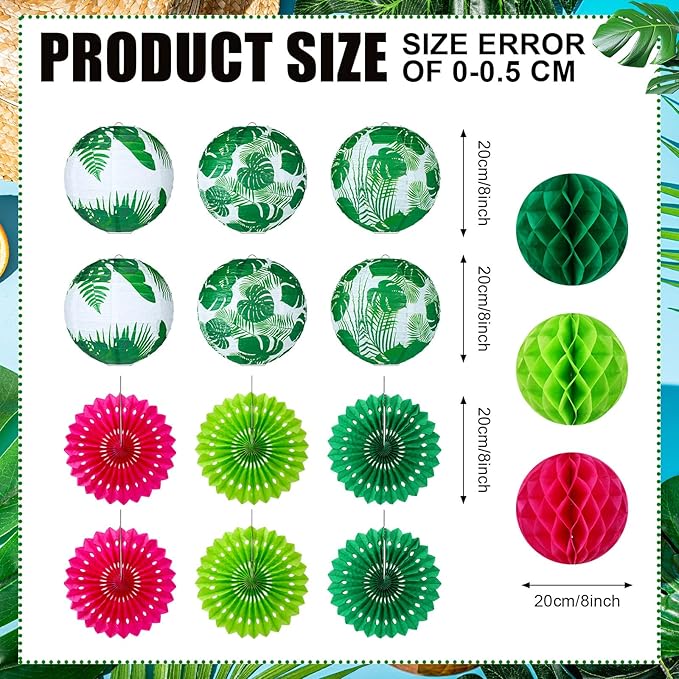 Retisee 18 Pcs Summer Tropical Party Decoration Palm Leaf Hanging Paper Lantern Rose Red and Green Honeycomb Fans Honeycomb Ball for Hawaii Theme Luau Party Ceiling Decor Supplies