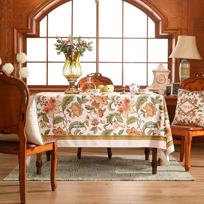 patdrea Vintage French Linen Tablecloth,Rectangular,87"x63"-Santiago A | Elegant Print Table Cloth for Rectangle Table,Colorful Floral Patterned,for Dining Room Tea Party Vender Banquet