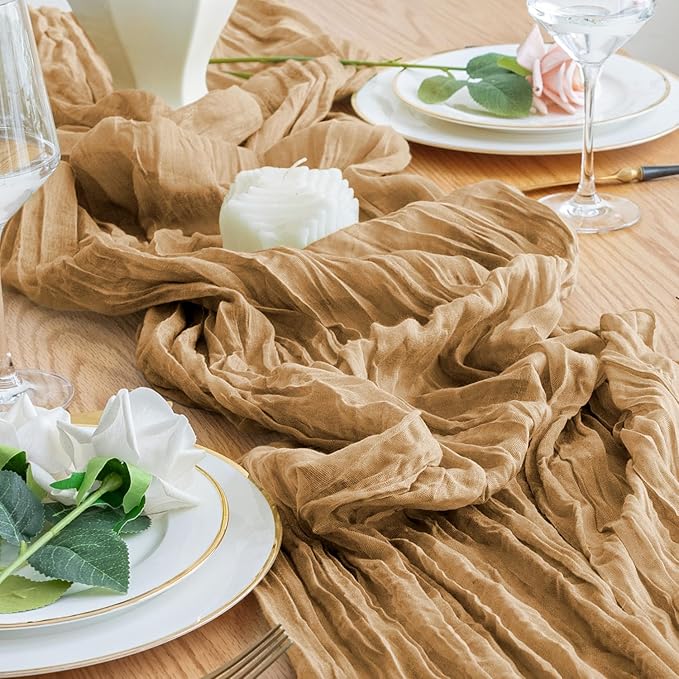6PCS Table Runner Cheesecloth 10FT Khaki Boho Gauze Cheese Cloth Rustic Sheer Table Runners for Wedding Bridal Baby Shower Party Decoration