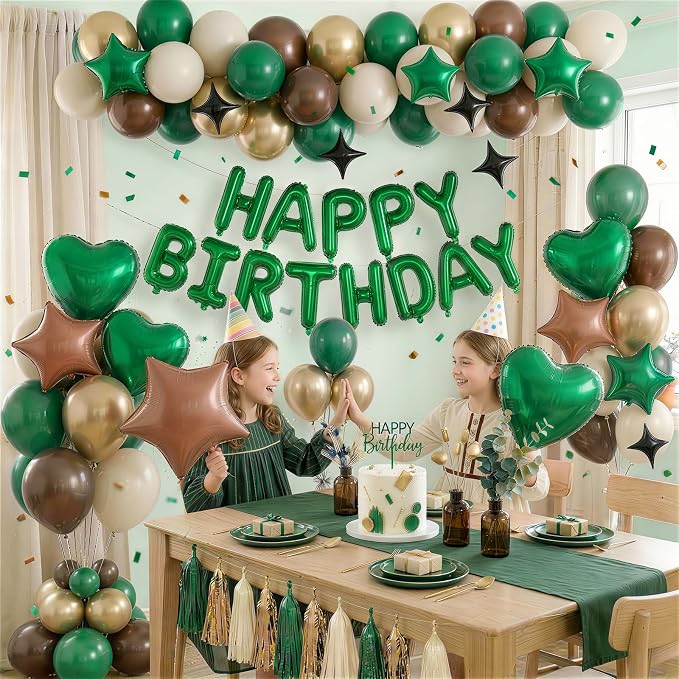 Green and Brown Birthday Decorations Dark Forest Green Safari Camo Army Brown Coffee Gold Sand Nude Balloons Happy Birthday Banner Heart Balloons 18/10 Inch Star Balloon for Boys Bday Party Supplies