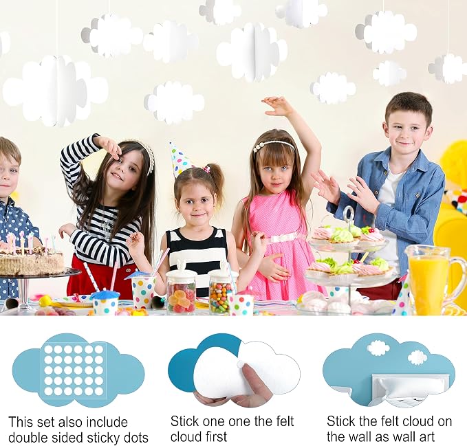 Ayfjovs 18 PCS 3D Cloud Decoration, Artificial Hanging Clouds for Ceiling, White Felt Ornaments for Art Stage, Wedding, Nursery, Children's Room, Baby Baptism Party