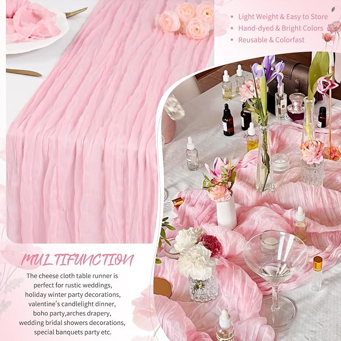4 Pack Light Pink Cheesecloth Table Runner 17 x 108 inch Boho Gauze Table Runner Rustic Sheer Cheese Cloth Table Decorations for Wedding Party Baby Bridal Shower Birthday Holiday Home