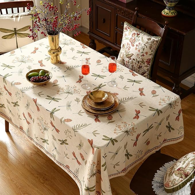 ISAENNE Designer Square Linen Elegant Large Tablecloth,67"x67"-Grace B | Vintage French Printed Table Cloth Square Table,Dragonfly Pattern,Durable,Heavyweight,Dining Room,Kitchen,Thanksgiving