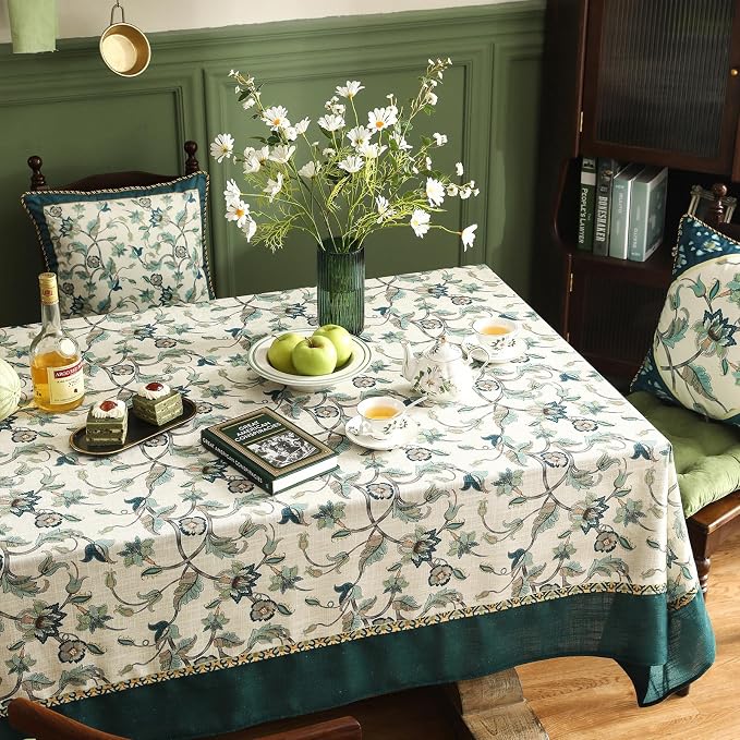 patdrea Vintage French Linen Tablecloth,Rectangular,79"x55"-Noah | Heavyweight Floral Table Cloth for Rectangle Table,Botanical Green Pattern,for Dining Room Tea Party Thanksgiving