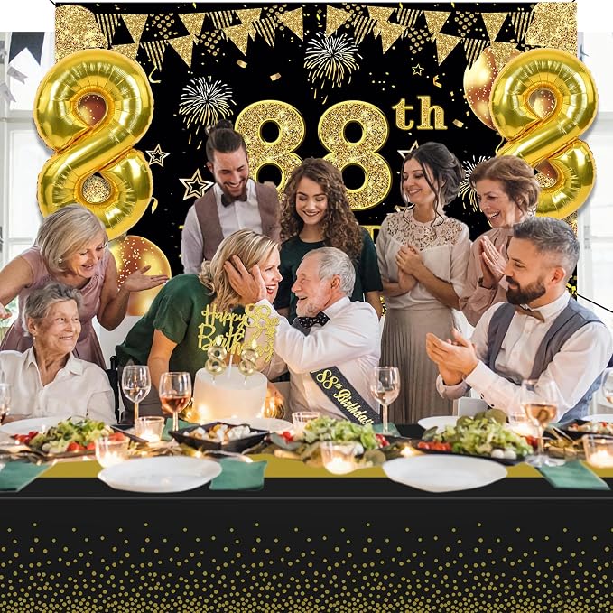 88th Birthday Decorations Men Women with 88th Birthday Banner, Black and Gold Table Cloth, Number Balloons, Sash, Cake Topper and Candles