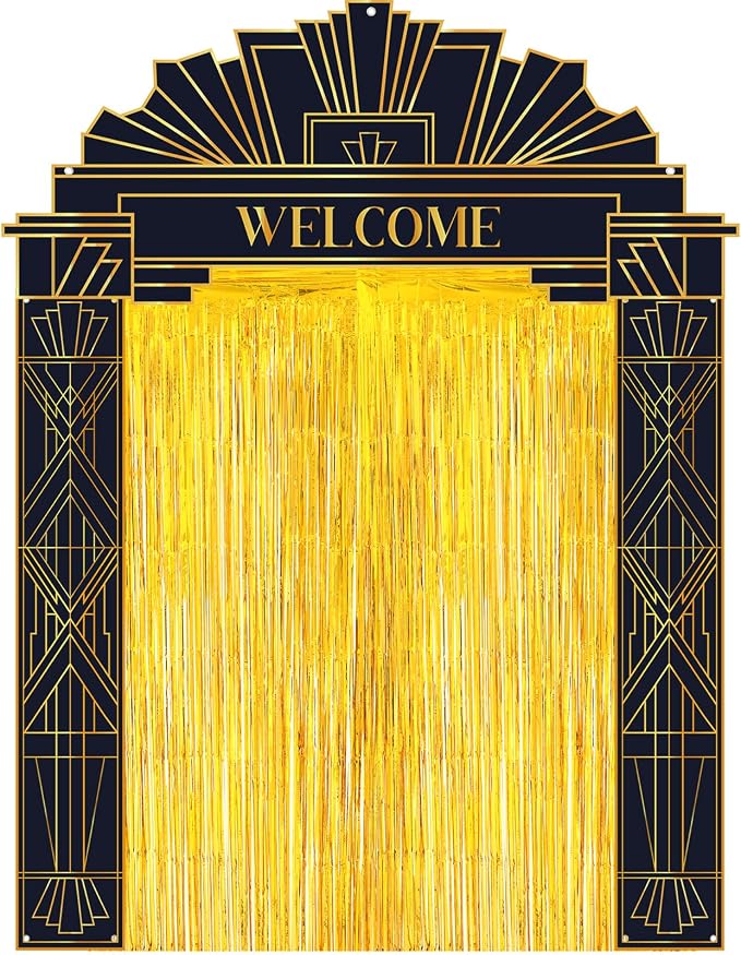 Peryiter 5 Pcs Roaring 20s Party Decorations Welcome Arch, Gold Fringe Curtain and Double Sided Tape for 1920s Theme Party Backdrop Photography Background