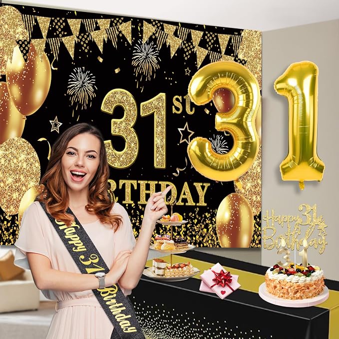 31st Birthday Decorations Men Women with 31st Birthday Banner, Black and Gold Table Cloth, Number Balloons, Large Sash, Cake Topper and Candles