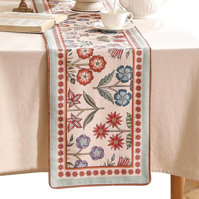 bilin gaier Floral Linen Long Table Runner,Wrinkle-Resistant Rustic Farmhouse Decor with Blue and Red Flower,Decorative Luxury Vintage Runner Table Cloth for Coffee & Dining Table,12"x71" - Lohi