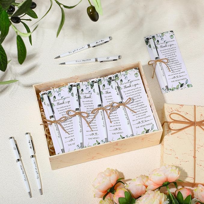 Affrolling 25 Sets Wedding Favors for Guests Bulk Retractable Ballpoint Pen Thank You Cards with Bridal Shower Gift for Guest Wedding Souvenirs Newlyweds Party Supplies (Leaf Style,Hemp Rope)