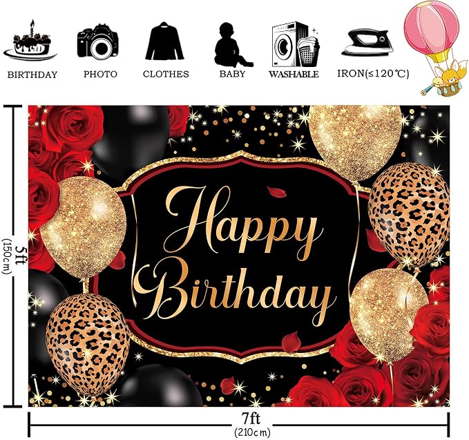 Black Gold Happy Birthday Backdrop Polyester Fabric 7Wx5H Feet Red Rose Leopard Balloons Party Banner 30th 40th 50th Event Abstract Celebration Photography Backgrounds Photo Shoot Props