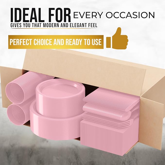350 Pcs Pink Plastic Plates For Party, Pink Disposable Plates Set, 50 Of Each 9" Dinner Plate Set, 7" Dessert Plate, Cups, Napkins & Cutlery Plastic Dinnerware Set Exquisite