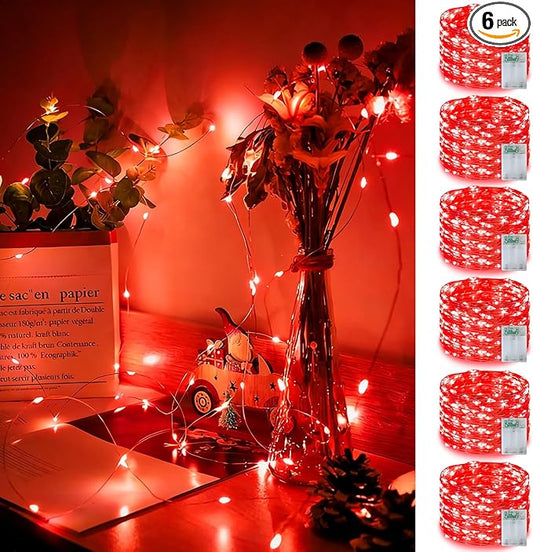 YEGUO Fairy Lights Battery Operated, 6 Packs Each 16ft 50 LED String Lights, Christmas MIni Lights Indoor for Bedroom Wedding Party Holiday Gift(Red)