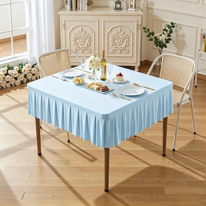 Wish Care Blue Spandex Tablecloths for 34x34 Inch Square Tables, Stretch Fitted Table Clothes with Pleated Ruffle Skirt for 34” Table, Wrinkle Free and Elastic, for Party Kitchen Home Dining