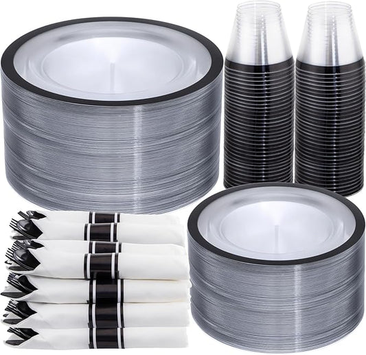 I00000 350 Pcs Clear and Black Plastic Plates,Black Dinnerware Set, Include 50 Dinner and 50 Dessert Plates,50 Plastic Cups,50 Pre Rolled Napkins with Cutlery for Graduation,Party