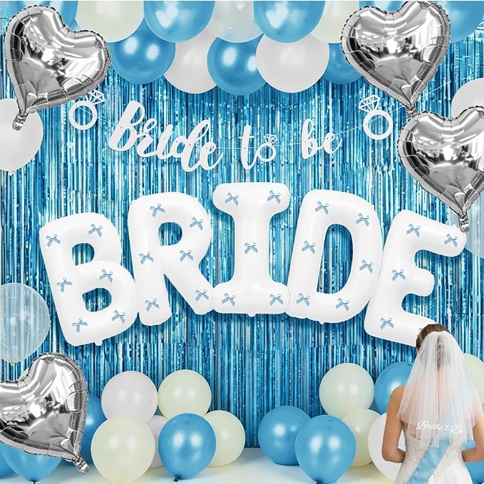 Bachelorette Party Decorations, Light Blue Bridal Shower Decor Set with 40" Bride Balloons, White Sash, Veil, Foil Curtains, Banner & 30pcs Blue Butterflies for Beach Coast Lake Party