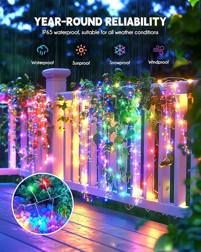 Brightown Solar Lights for Outside, 10Ft 120 LED Solar String Lights Outdoor Waterproof, 8 Modes Firecracker Balcony Light for Tree Patio Christmas Party Wedding Decor, Multicolor