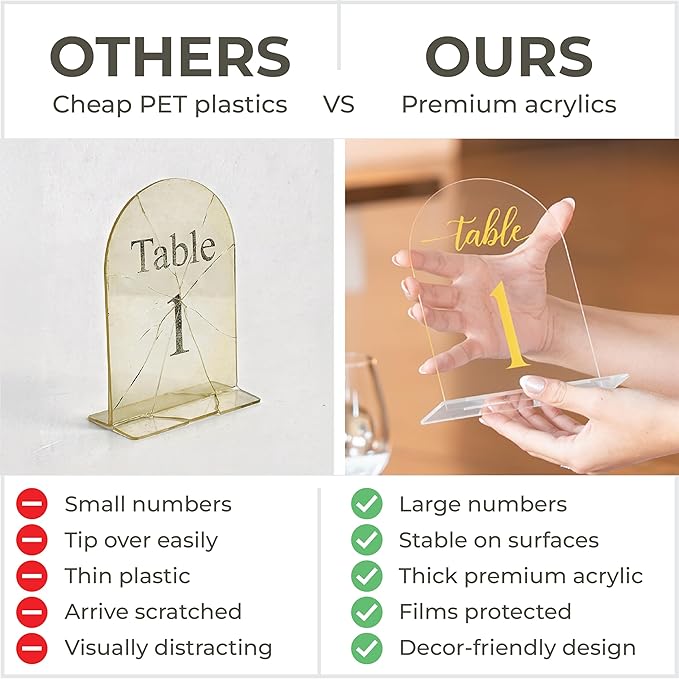 Clear Arch Acrylic Table Numbers for Wedding Reception - 5" x 7" Gold Font Centerpiece Set with Holder Stands & Head Table Sign - Anniversary, Event, Party, Wedding set 1-10