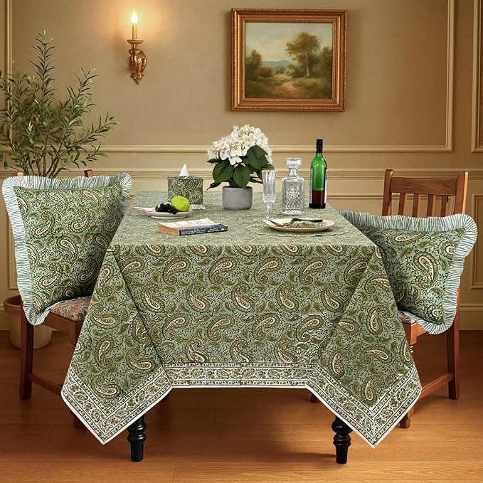 Ridhi Block Print Nostalgic Naturals Rectangle Cotton Tablecloth 120" x 60" Reusable Table Cover Decorative Everyday Use for Dining, Farmhouse, Home Gift for Spring, Easter, Summer