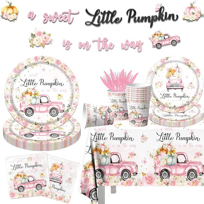 Little Pumpkin Baby Shower Party Decorations Tableware,142Pcs A Sweet Little Pumpkin is On The Way Girl Pink Floral Truck Disposable Tablecloth,Plates,Napkins for Autumn Fall Thanksgiving Supplies