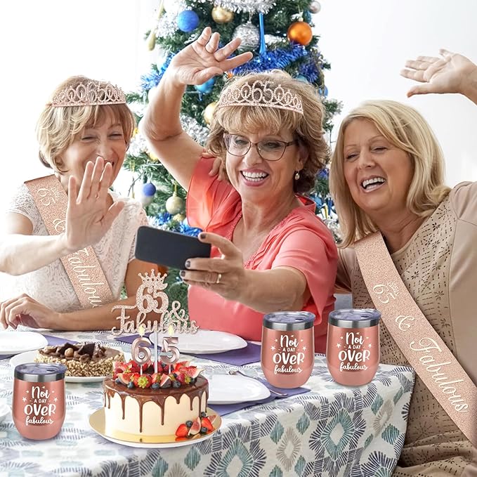65th Birthday Decorations for Women Including Birthday Tiara and Sash, Candles & Cake Topper, 12oz Wine Tumbler with Lid, 65 Year Old Gifts for Women