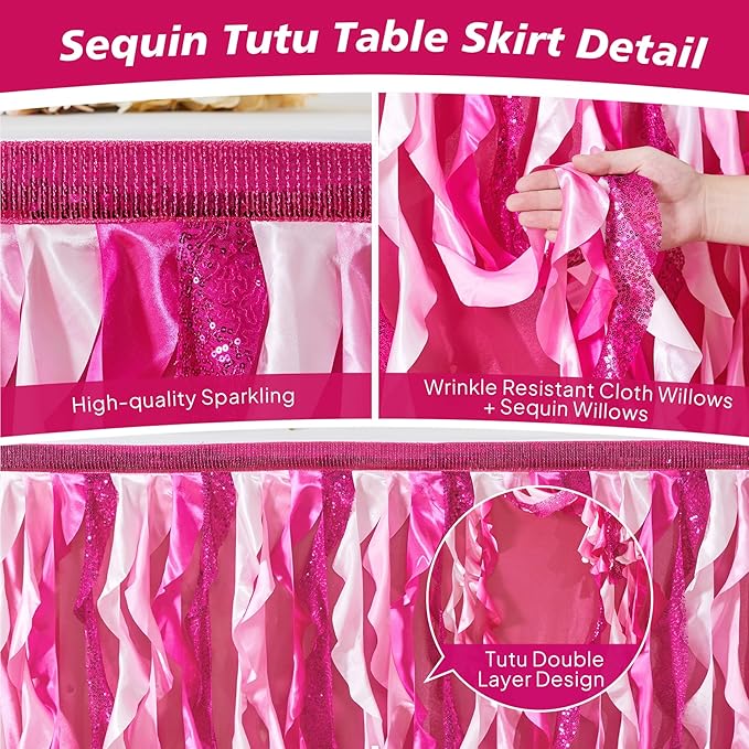 Wish Care 17ft Pink Sequin Table Skirt for Rectangle Tables Glitter Curly Willow Fuchsia Tutu Skirt Ruffle Table Cloth Desk Skirts for Princess Girls Birthday Baby Shower Party Cake Table Decorations