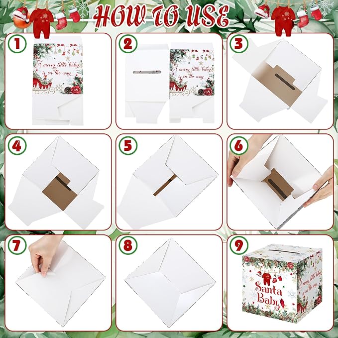 Teling 51 Pieces Diaper Raffle Tickets with Card Box Baby Shower Decorations Gender Reveal Holder Box for Girl Boy Diaper Raffle Party (A Santa Baby is on the Way)