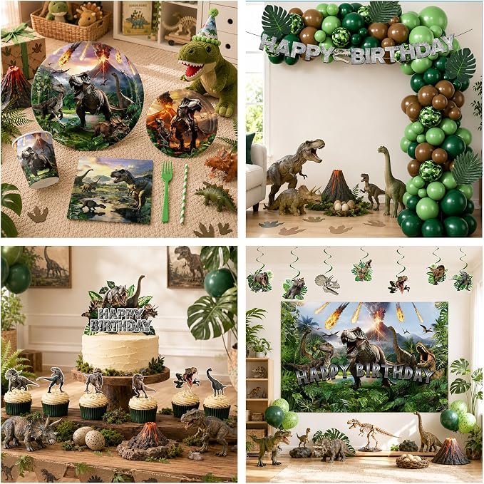 Dinosaur Birthday Party Decorations, 278 PCS Dino Party Supplies Serves 24 with Backdrop, Balloons, Plates Cups Napkins Forks, Cake Toppers, Banner, Swirls & Tablecloth for Boys Girls