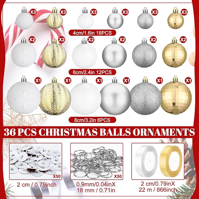 36 Pcs Christmas Balls Ornaments for Ceiling, 1.6'' 2.4'' 3.2'' Large Big Shatterproof Christmas Hanging Decorations Balls for Tree Xmas Holiday Party Indoor(Silver, White, Champagne)