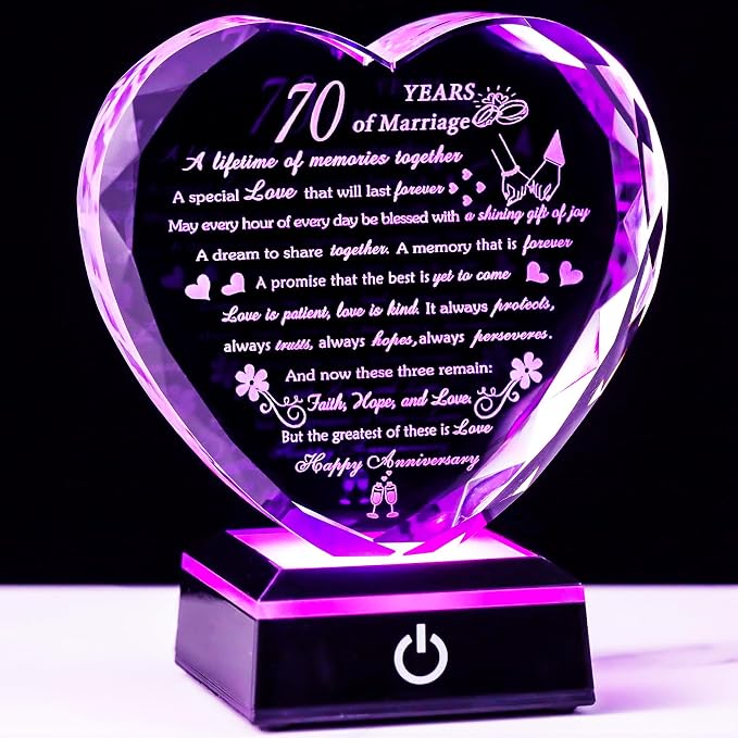 Happy 70th Wedding Anniversary Crystal Gifts for Couples Parents with Colorful LED Base, Romantic Heart 70th Anniversary Keepsake Gifts for Her Him, 70 Years of Marriage Gift for Wife Husband