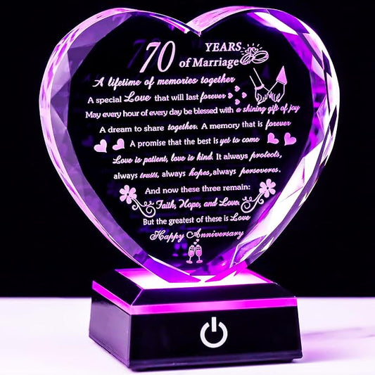 Happy 70th Wedding Anniversary Crystal Gifts for Couples Parents with Colorful LED Base, Romantic Heart 70th Anniversary Keepsake Gifts for Her Him, 70 Years of Marriage Gift for Wife Husband