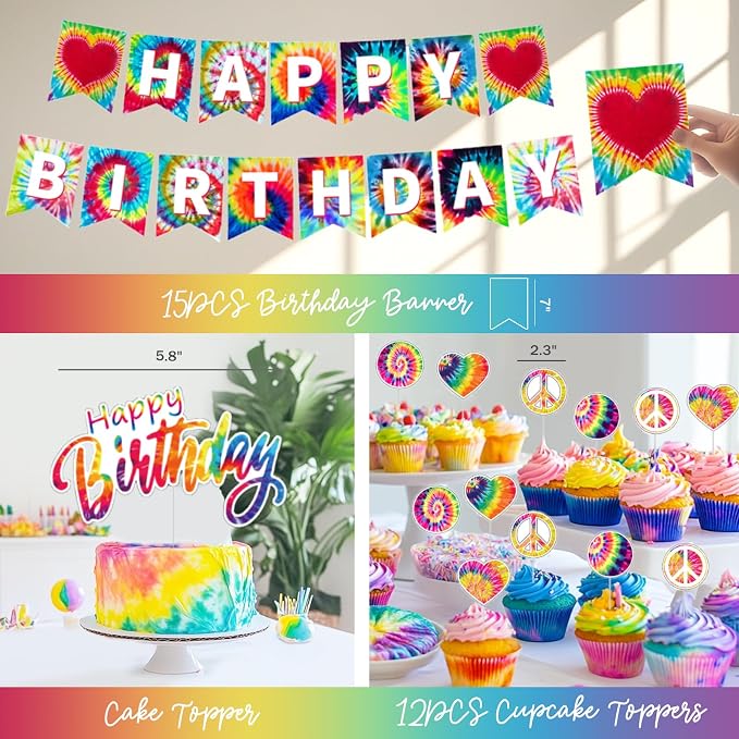 Tie Dye Birthday Party Decorations – 112PCs Rainbow Tie Dye Themed Party Supplies Set with Colorful Backdrop, Balloon Garland, Banner, Tablecloth, Cake Cupcake Topper