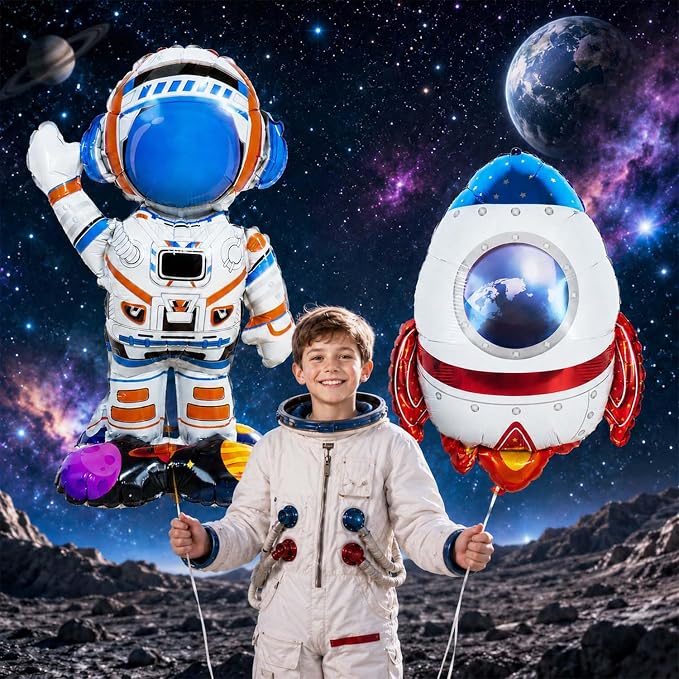 139Pcs Space Themed Party Decorations, All-In-One Outer Space Planet Birthday Banner Backdrop Cake Cupcake Toppers Tablecloth Astronaut Rocket Balloon Garland Kit
