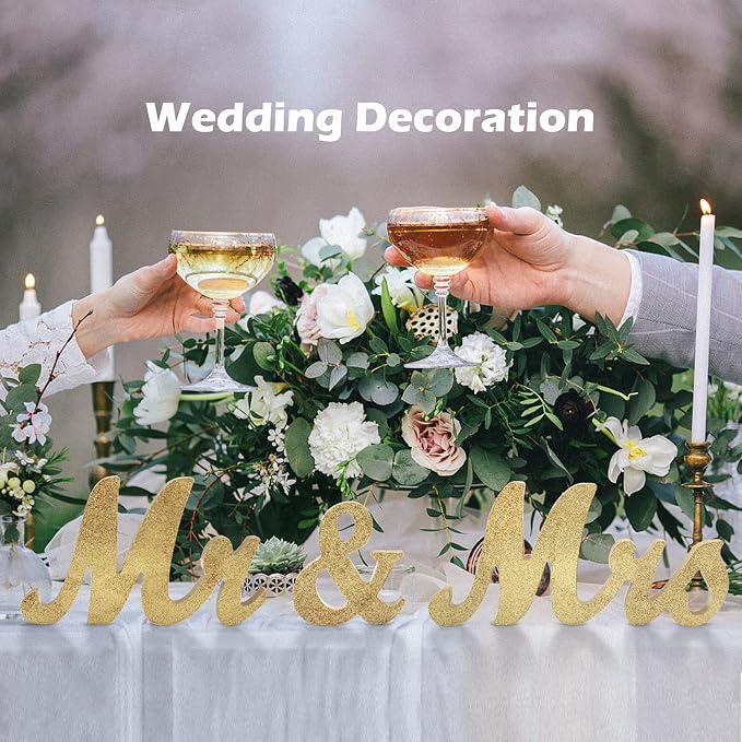 Mr Mrs Sign for Wedding Table, Mr and Mrs Wooden Letters, Large Mr. & Mrs. Party Decoration Items, Head Table Wedding Sign for Anniversary Party Valentine's Day Vintage Decor-Golden