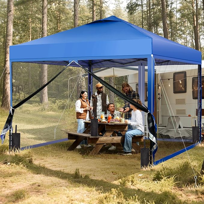 GDY 10x10 Pop up Canopy Tent with Mosquito Netting, Easy up Gazebo for Patio, Camping and Garden, Includes 4 Sandbags, Blue