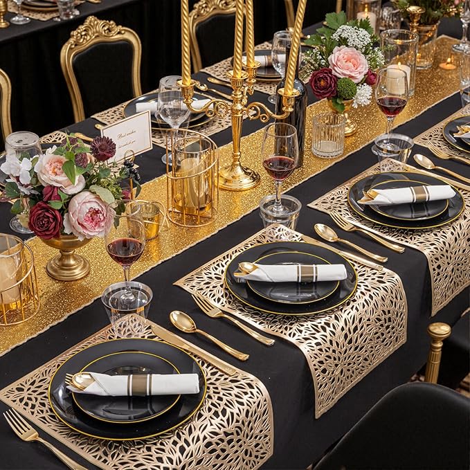 KIRE 175Pcs Black Plates Disposable - Heavy Duty Black and Gold Plastic Plates- 25 for Dinner 25 for Dessert 25 Pre Rolled Gold Silverware and 25 Cups for Graduation/Birthday Party/Wedding