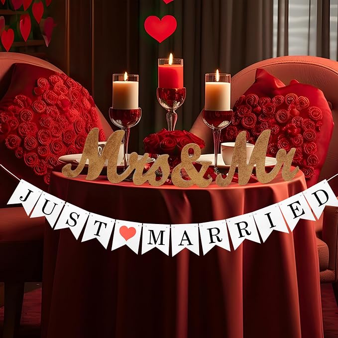Just Married Banner for Wedding Table - Mr. & Mrs. Wedding Decoration Items, Rose Gold Wood Letter, Anniversary Party Valentine's Day Vintage Decor