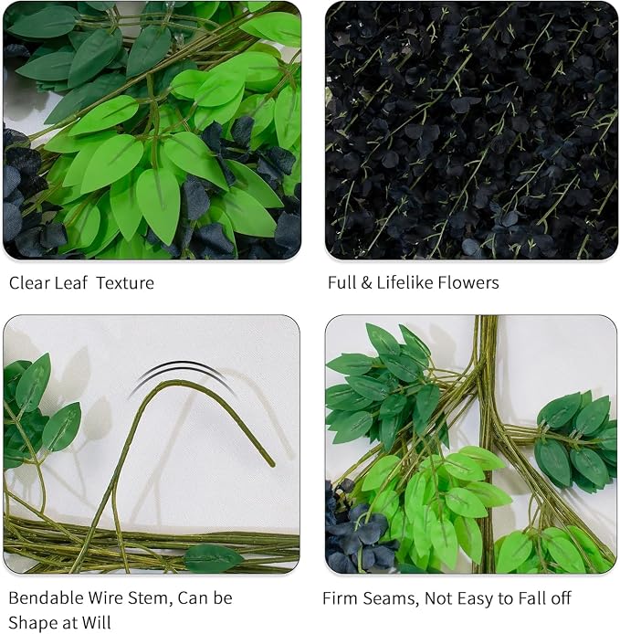 48 Pack Artificial Wisteria Hanging Flowers Fake Wisteria Flower Garland Silk Vines Rattan Decor for Home Wedding Arch Wall Garden Greenery Bedroom Outdoor Office Party Decoration (Black)