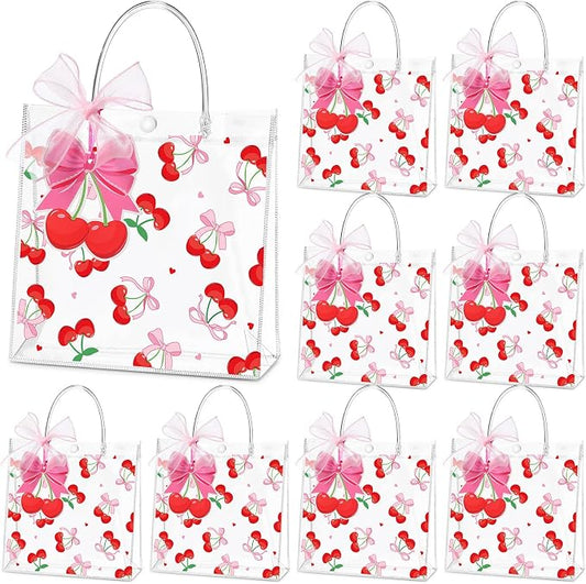 Hosuly 24 Pcs Cherry Clear Gift Bags with Ribbon Roll Cherry Transparent PVC Goodie Bags Bulk Pink Bow Reusable Treat Pouches for Wedding Birthday Baby Shower Y2k Party Supplies
