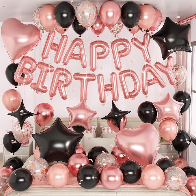 Rose Gold and Black Birthday Decorations for Women Black Pearl Rose Gold Metallic Party Balloons Confetti Balloon Happy Birthday Banner Heart Balloons 18/10 Inch Star Balloon for Bday Party Supplies