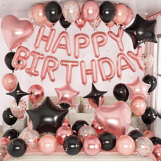Rose Gold and Black Birthday Decorations for Women Black Pearl Rose Gold Metallic Party Balloons Confetti Balloon Happy Birthday Banner Heart Balloons 18/10 Inch Star Balloon for Bday Party Supplies