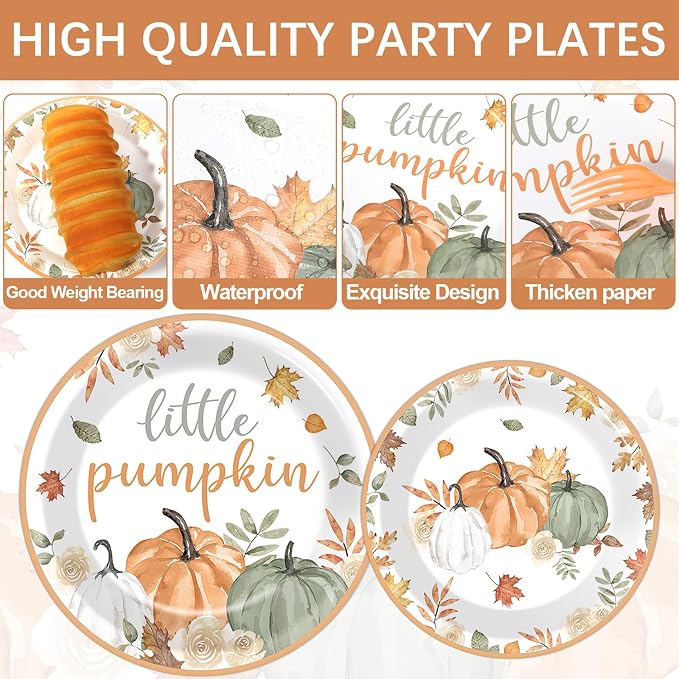 96Pcs Fall Little Pumpkin Baby Shower Party Decoration Set Autumn Lil Pumpkin Plates and Napkins Tableware Set Party Decorations for Baby Shower Fall Thanksgiving Birthday Parties Favors for 24 Guests